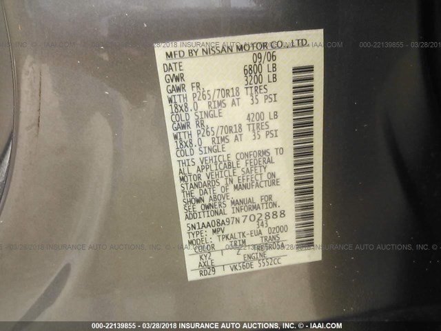 5N1AA08A97N702888 - 2007 NISSAN ARMADA SE/LE GOLD photo 9