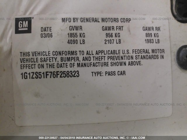 1G1ZS51F76F258323 - 2006 CHEVROLET MALIBU LS თეთრი ფოტო 9