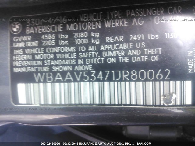 WBAAV53471JR80062 - 2001 BMW 330 I GRAY photo 9