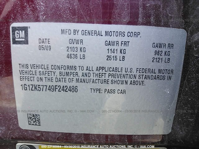 1G1ZK57749F242486 - 2009 CHEVROLET MALIBU LTZ 红色 照片 9