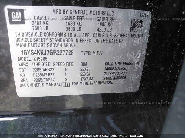 1GYS4KKJ7GR237728 - 2016 CADILLAC ESCALADE ESV PLATINUM შავი ფოტო 9