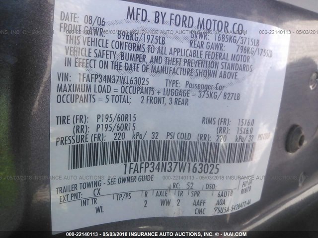 1FAFP34N37W163025 - 2007 FORD FOCUS ZX4/S/SE/SES 灰色 照片 9