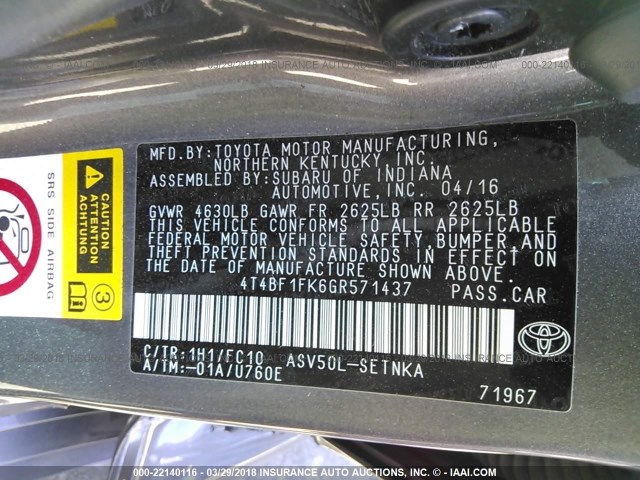 4T4BF1FK6GR571437 - 2016 TOYOTA CAMRY LE/XLE/SE/XSE GRAY photo 9