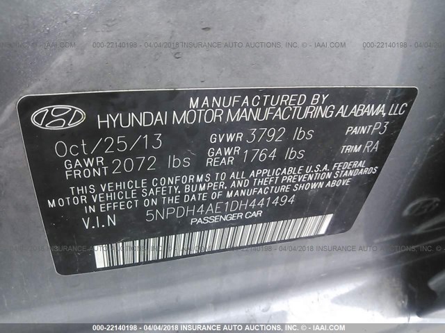 5NPDH4AE1DH441494 - 2013 HYUNDAI ELANTRA GLS/LIMITED GRAY photo 9