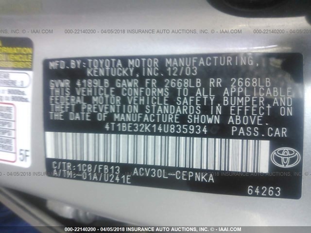 4T1BE32K14U835934 - 2004 TOYOTA CAMRY LE/XLE/SE SILVER photo 9