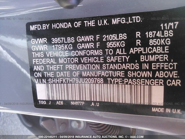 SHHFK7H79JU209768 - 2018 HONDA CIVIC EXL BLUE photo 9