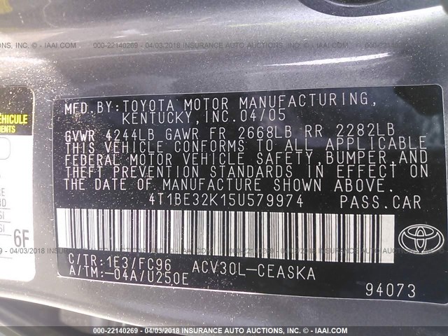 4T1BE32K15U579974 - 2005 TOYOTA CAMRY LE/XLE/SE GRAY photo 9