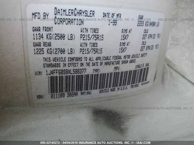 1J4FF68S8XL588377 - 1999 JEEP CHEROKEE SPORT/CLASSIC Biały zdjęcie 9