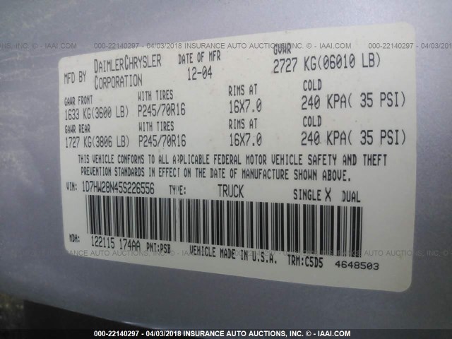 1D7HW28N45S226556 - 2005 DODGE DAKOTA QUAD/ST SILVER photo 9