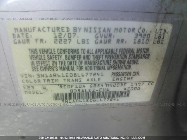 3N1AB61E08L677241 - 2008 NISSAN SENTRA 2.0/2.0S/2.0SL SILVER photo 9