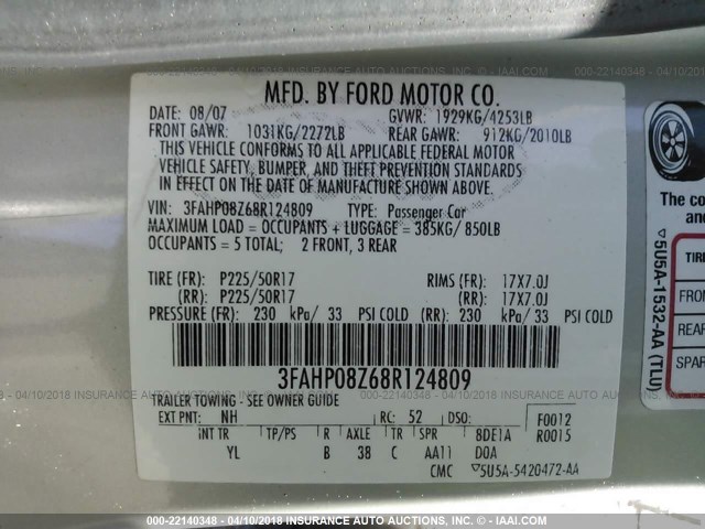 3FAHP08Z68R124809 - 2008 FORD FUSION SEL BEIGE photo 9