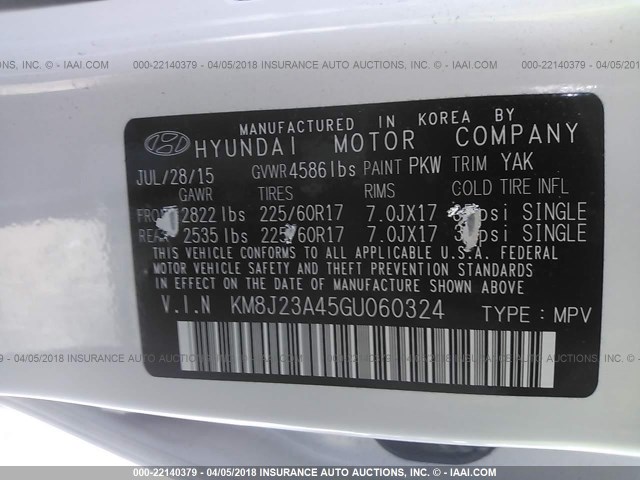 KM8J23A45GU060324 - 2016 HYUNDAI TUCSON SE WHITE photo 9