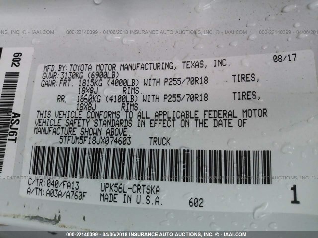 5TFUM5F18JX074603 - 2018 TOYOTA TUNDRA DOUBLE CAB SR/SR5 WHITE photo 9