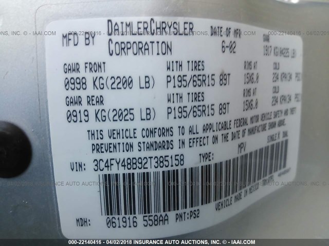 3C4FY48B92T385158 - 2002 CHRYSLER PT CRUISER CLASSIC ვერცხლისფერი ფოტო 9