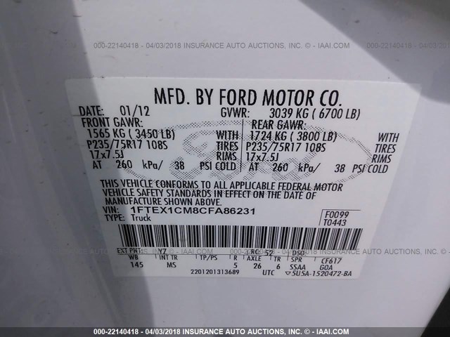 1FTEX1CM8CFA86231 - 2012 FORD F150 SUPER CAB WHITE photo 9