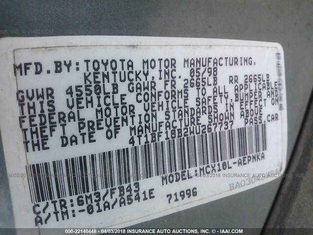 4T1BF18B2WU267737 - 1998 TOYOTA AVALON XL/XLS GRAY photo 9