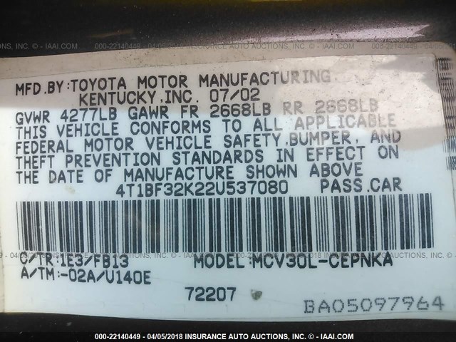 4T1BF32K22U537080 - 2002 TOYOTA CAMRY LE/XLE/SE 灰色 照片 9