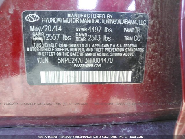 5NPE24AF3FH004470 - 2015 HYUNDAI SONATA SE RED photo 9