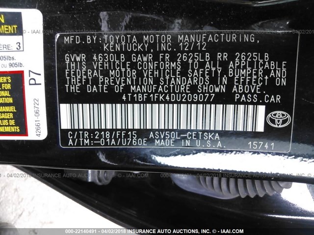 4T1BF1FK4DU209077 - 2013 TOYOTA CAMRY L/SE/LE/XLE Qara foto 9