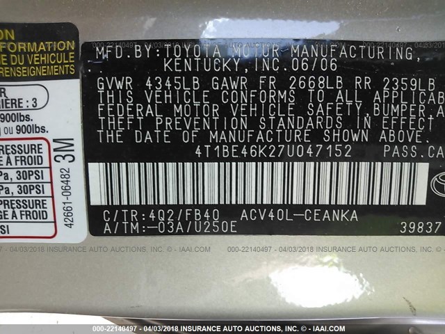 4T1BE46K27U047152 - 2007 TOYOTA CAMRY NEW GENERAT CE/LE/XLE/SE BEIGE photo 9