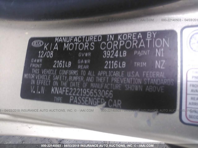 KNAFE222195653066 - 2009 KIA SPECTRA EX/LX/SX GOLD photo 9