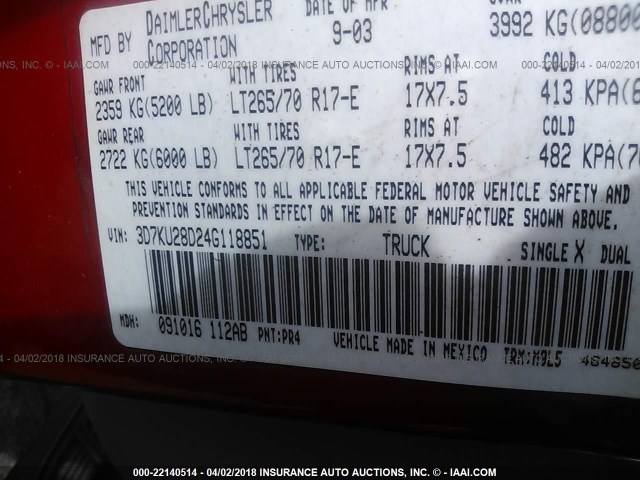 3D7KU28D24G118851 - 2004 DODGE RAM 2500 ST/SLT 红色 照片 9