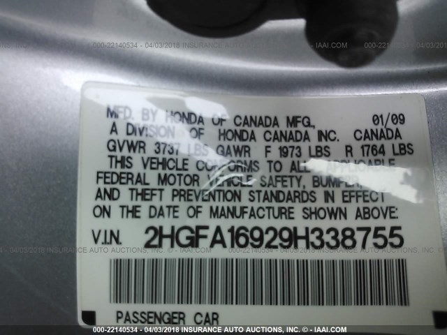2HGFA16929H338755 - 2009 HONDA CIVIC EXL 银色 照片 9