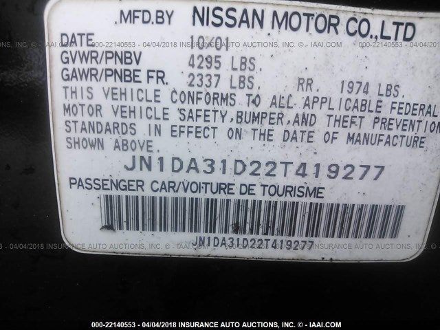 JN1DA31D22T419277 - 2002 NISSAN MAXIMA GLE/GXE/SE BLACK photo 9