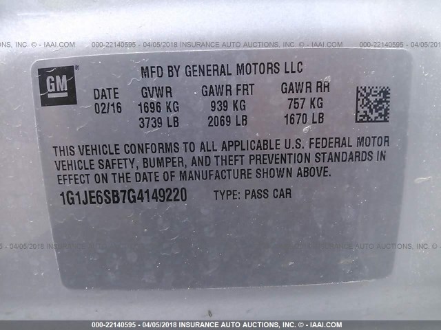 1G1JE6SB7G4149220 - 2016 CHEVROLET SONIC LTZ SILVER photo 9