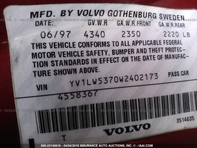 YV1LW5370W2402173 - 1998 VOLVO V70 T5 TURBO RED photo 9