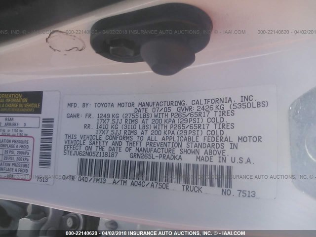 5TEJU62N05Z118187 - 2005 TOYOTA TACOMA DOUBLE CAB PRERUNNER WHITE photo 9