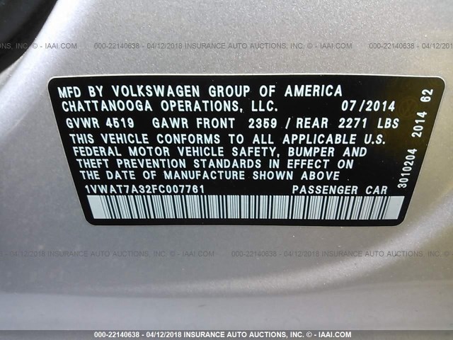 1VWAT7A32FC007761 - 2015 VOLKSWAGEN PASSAT S SILVER photo 9