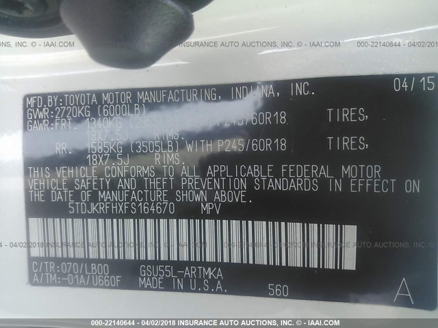 5TDJKRFHXFS164670 - 2015 TOYOTA HIGHLANDER XLE თეთრი ფოტო 9