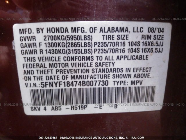 5FNYF18474B007730 - 2004 HONDA PILOT EX RED photo 9