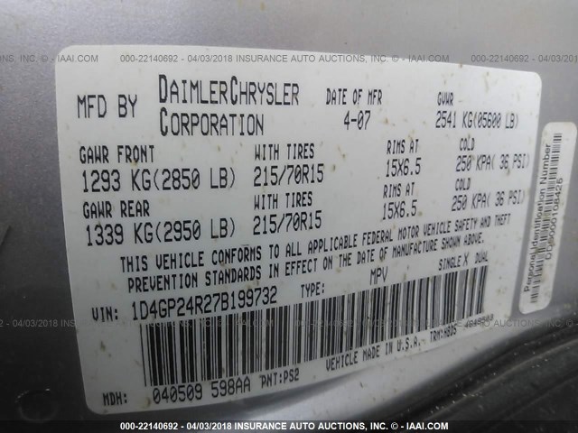 1D4GP24R27B199732 - 2007 DODGE GRAND CARAVAN SE SILVER photo 9