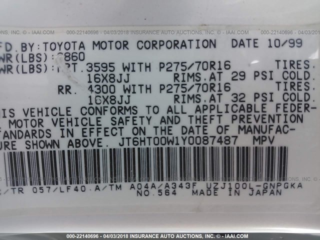 JT6HT00W1Y0087487 - 2000 LEXUS LX 470 WHITE photo 9