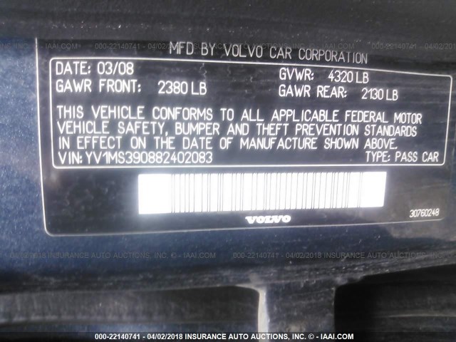 YV1MS390882402083 - 2008 VOLVO S40 2.4I BLUE photo 9