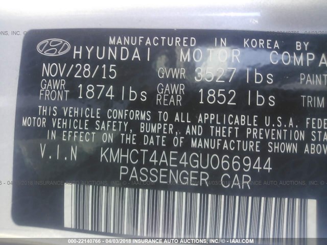 KMHCT4AE4GU066944 - 2016 HYUNDAI ACCENT SE SILVER photo 9