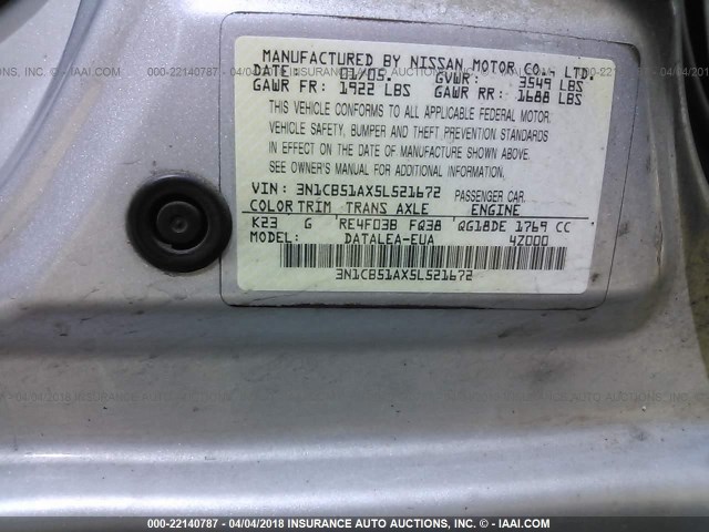 3N1CB51AX5L521672 - 2005 NISSAN SENTRA 1.8S SILVER photo 9