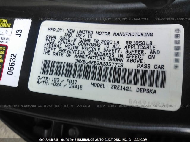 1NXBU4EE3AZ357719 - 2010 TOYOTA COROLLA S/LE/XLE GRAY photo 9