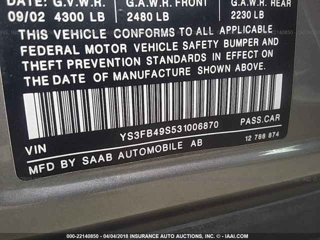 YS3FB49S531006870 - 2003 SAAB 9-3 LINEAR GRAY photo 9