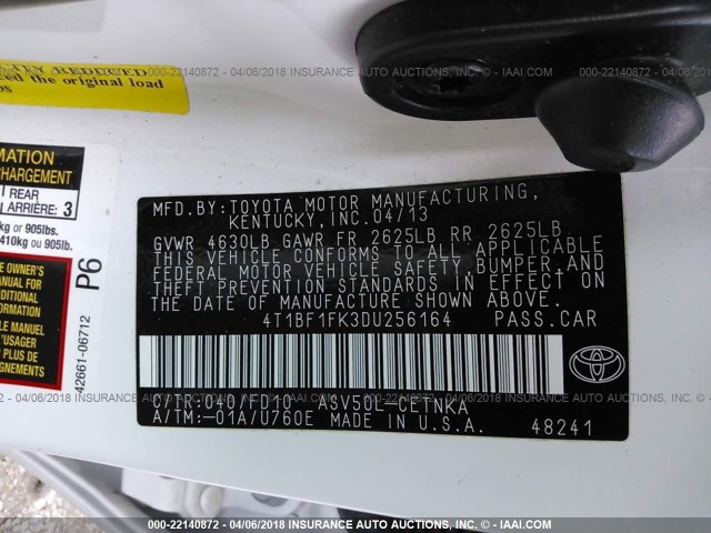 4T1BF1FK3DU256164 - 2013 TOYOTA CAMRY L/SE/LE/XLE 白色 照片 9