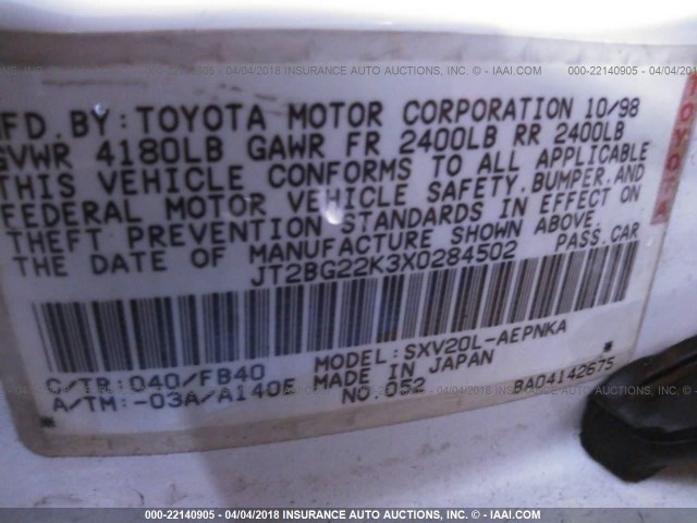 JT2BG22K3X0284502 - 1999 TOYOTA CAMRY LE/XLE Weiß Foto 9