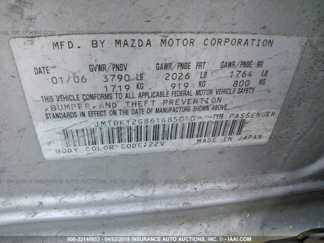 JM1BK12G861485090 - 2006 MAZDA 3 I SILVER photo 9