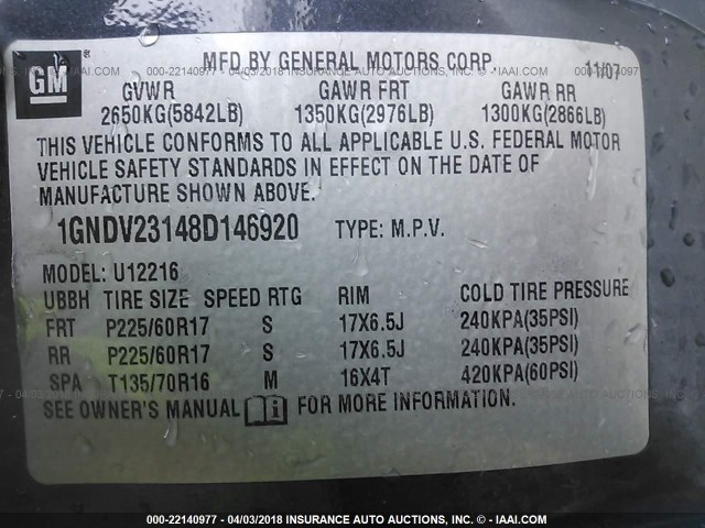 1GNDV23148D146920 - 2008 CHEVROLET UPLANDER LS GRAY photo 9
