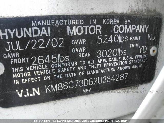 KM8SC73D62U334287 - 2002 HYUNDAI SANTA FE GLS/LX WHITE photo 9