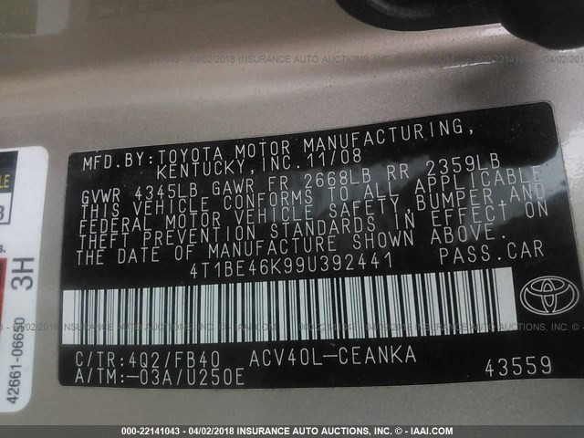 4T1BE46K99U392441 - 2009 TOYOTA CAMRY SE/LE/XLE GOLD photo 9