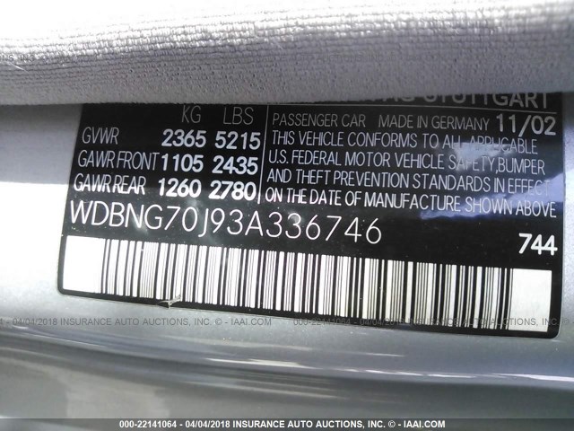 WDBNG70J93A336746 - 2003 MERCEDES-BENZ S 430 SILVER photo 9