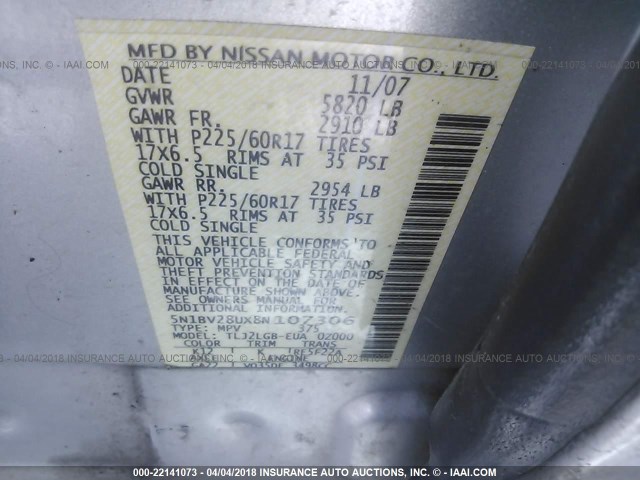 5N1BV28UX8N107306 - 2008 NISSAN QUEST S/SE/SL SILVER photo 9