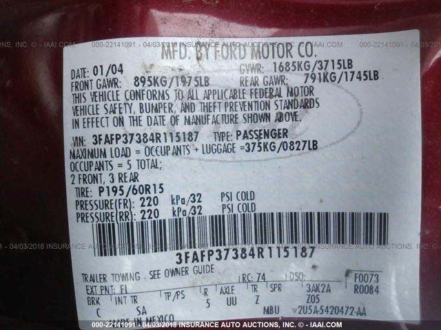 3FAFP37384R115187 - 2004 FORD FOCUS ZX5 RED photo 9